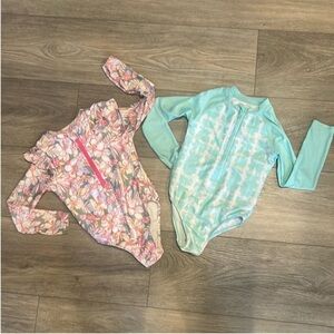Pink Floral and Aqua Kids Rashguard Swim Set of‎ 2 Size 4T